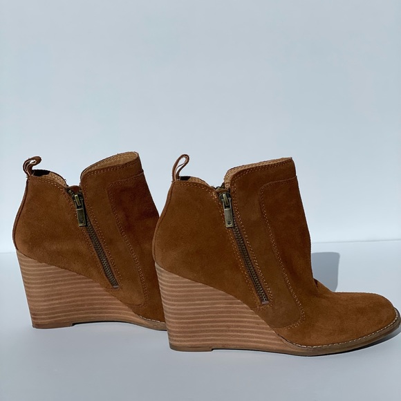 Lucky Brand Cognac Brown Suede Wedge Booties Ankle Boot - Picture 7 of 8